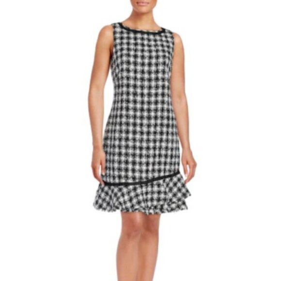 Karl Lagerfeld Dresses & Skirts - Karl Lagerfeld Gingham Metallic Boucle Shift Dress 2 Black White Sleeveless